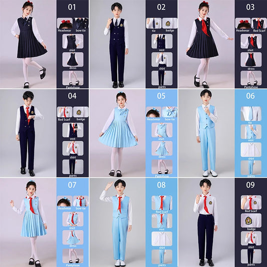 Girls Preppy Style Pleated Jumper Dress Headdress + Bow Tie Pants Suit Children Choir Poetry Performance Fashion School Uniform