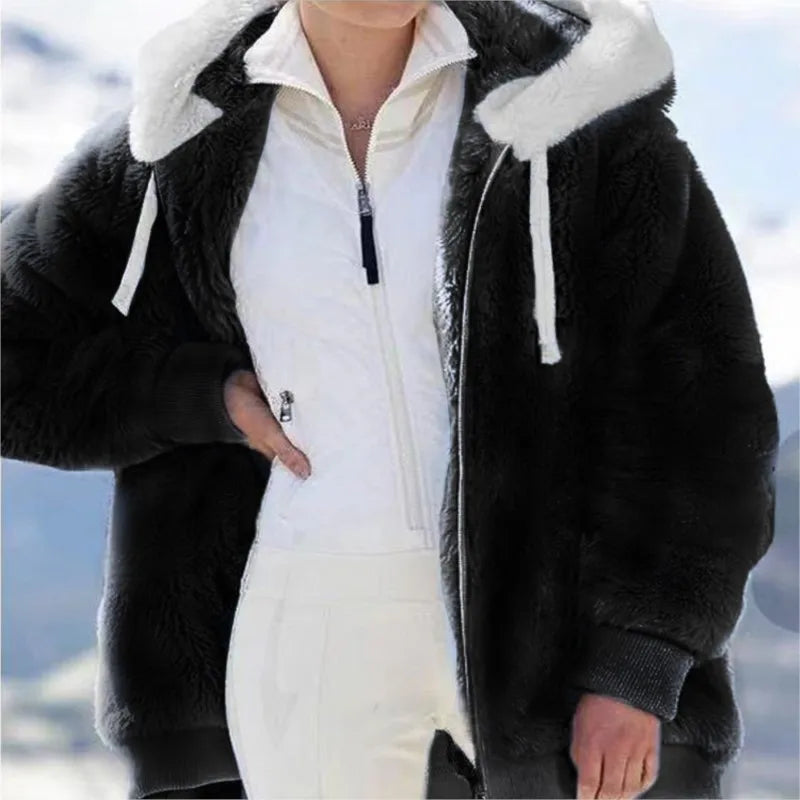 Women's Plush Hooded Drawstring Coat Autumn Winter Fashion Casual Zipper Long Sleeve Pocket Solid Color Ladies Jacket