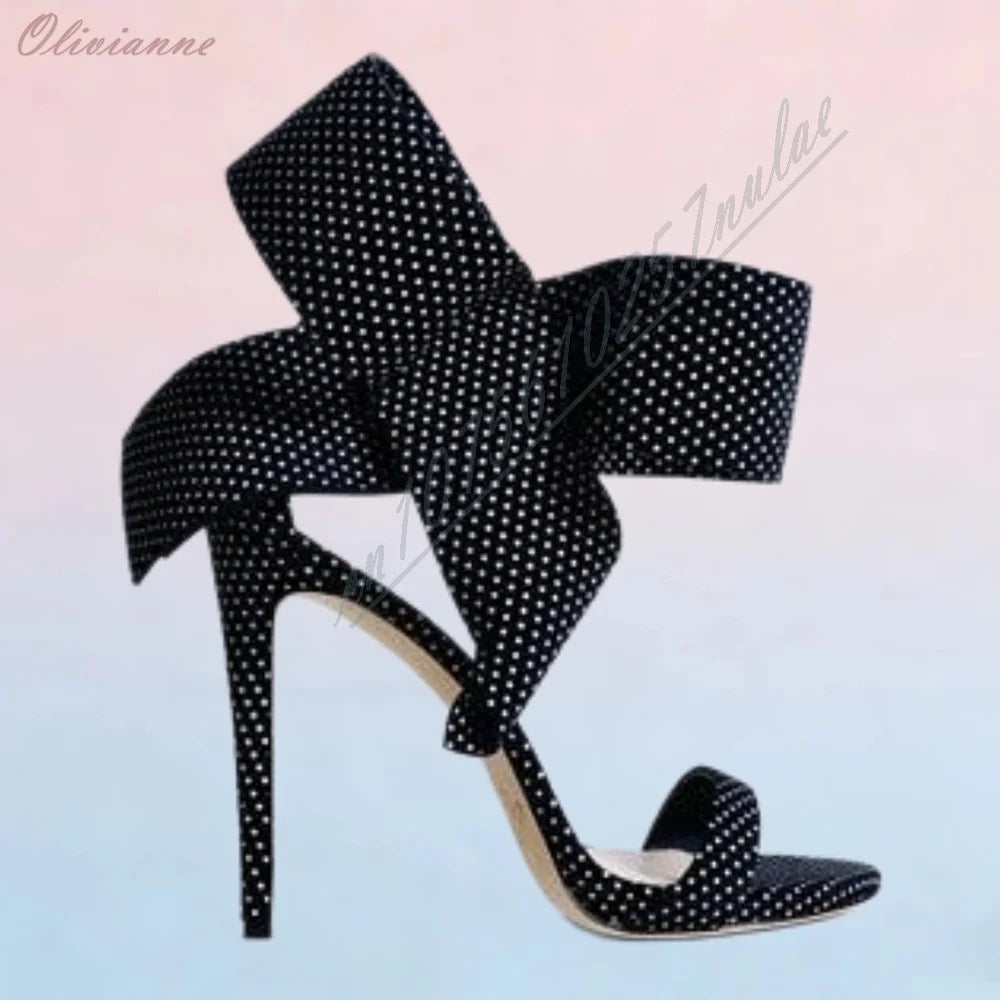 Polka Dot Tulle Big Bow Pumps Stiletto Heels Pointed Toe Backless High Heels Wedding Party Evening Dress Women Shoes Fashion