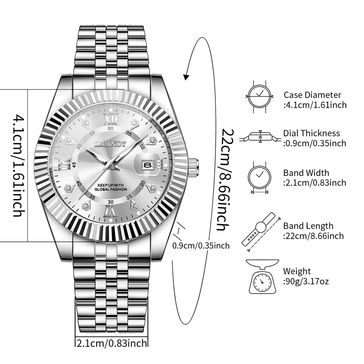 Luxury Rhinestone Roma Dial Men Business Watches Fashion Men's Calendar Quartz Watch with Stainless Steel Strap (Without Box)