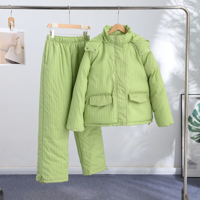 Polka Dots Hooded Cotton Coats Trousers Set 2026 Winter Loose Zippers Drawstring Jacket Elastic Waist Pants Women's Warm Outfits