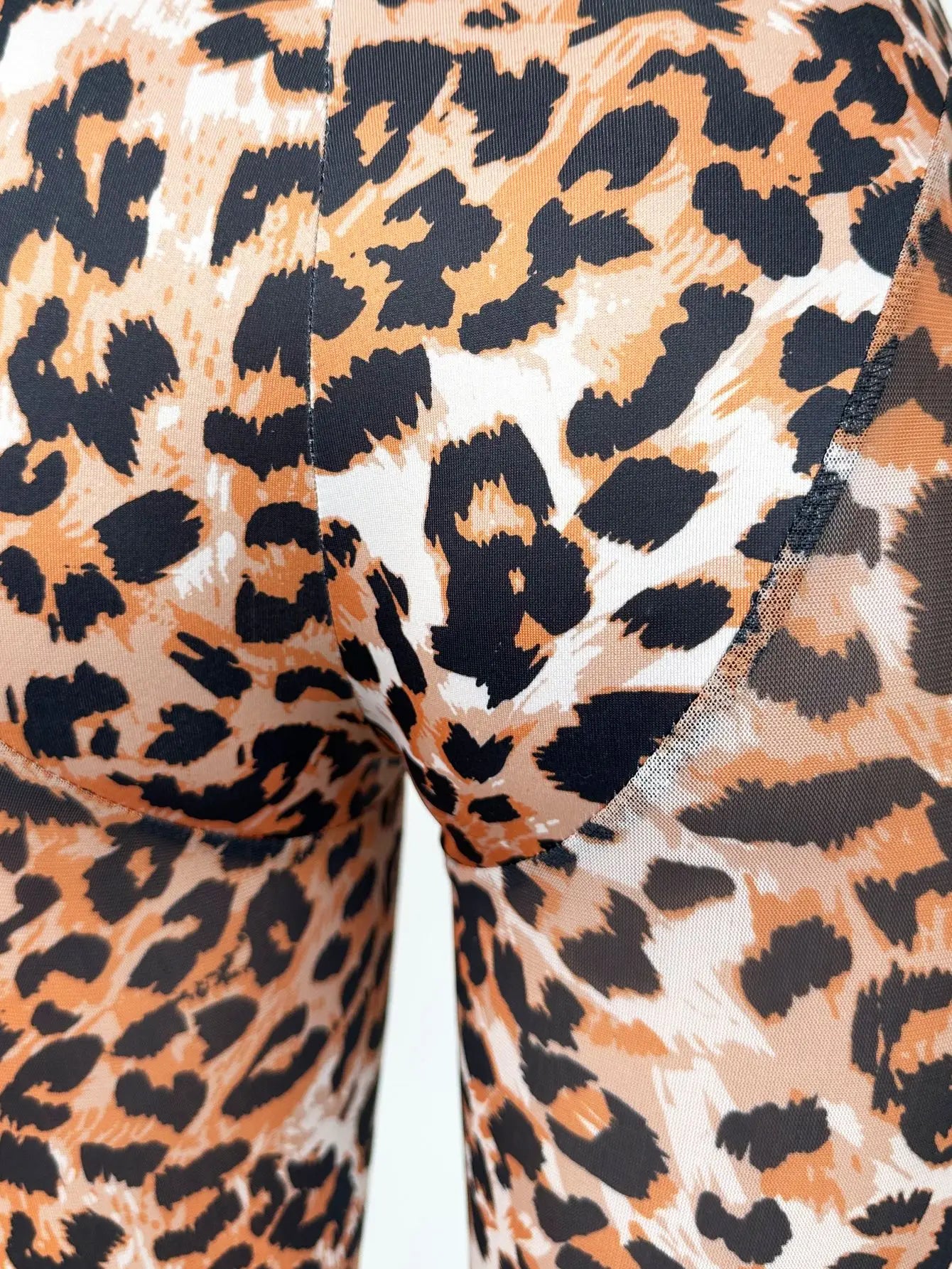 Women Sexy See-through Mesh Leopard Print Long Sleeve Slim-fitting Long Jumpsuit Rompers Summer Casual Streewear