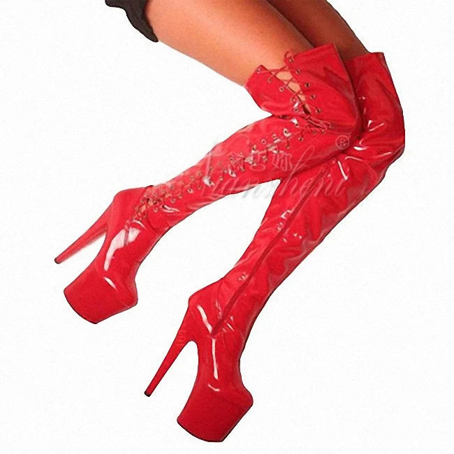 Red Lace Up 8 inches High heeled Super shoes 20cm Pole Dance over the kn Boots Stripper dance Exotic gladiator Punk Nightclub