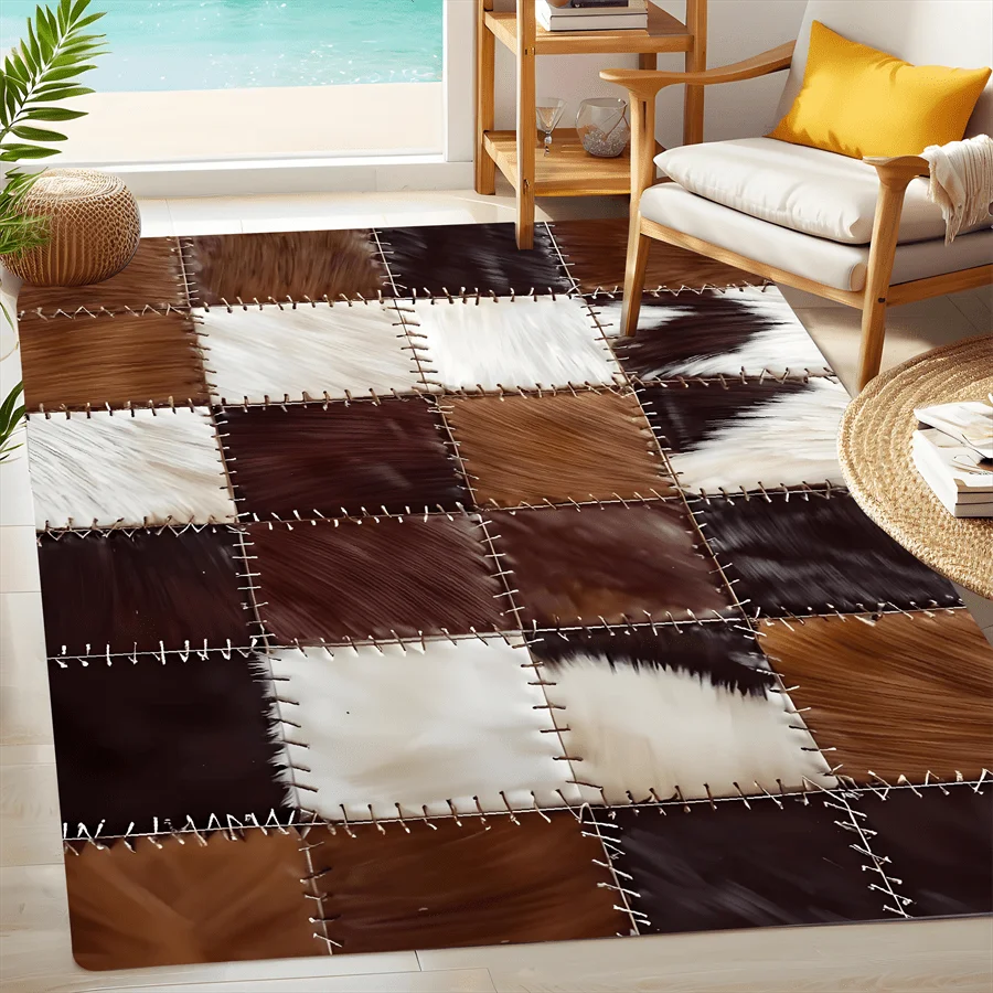 Checkered Cow Leather Pattern Doormat, High-Quality Flannel Non-Slip Machine Washable Rug for Multi-Room Multi-Holiday Decor