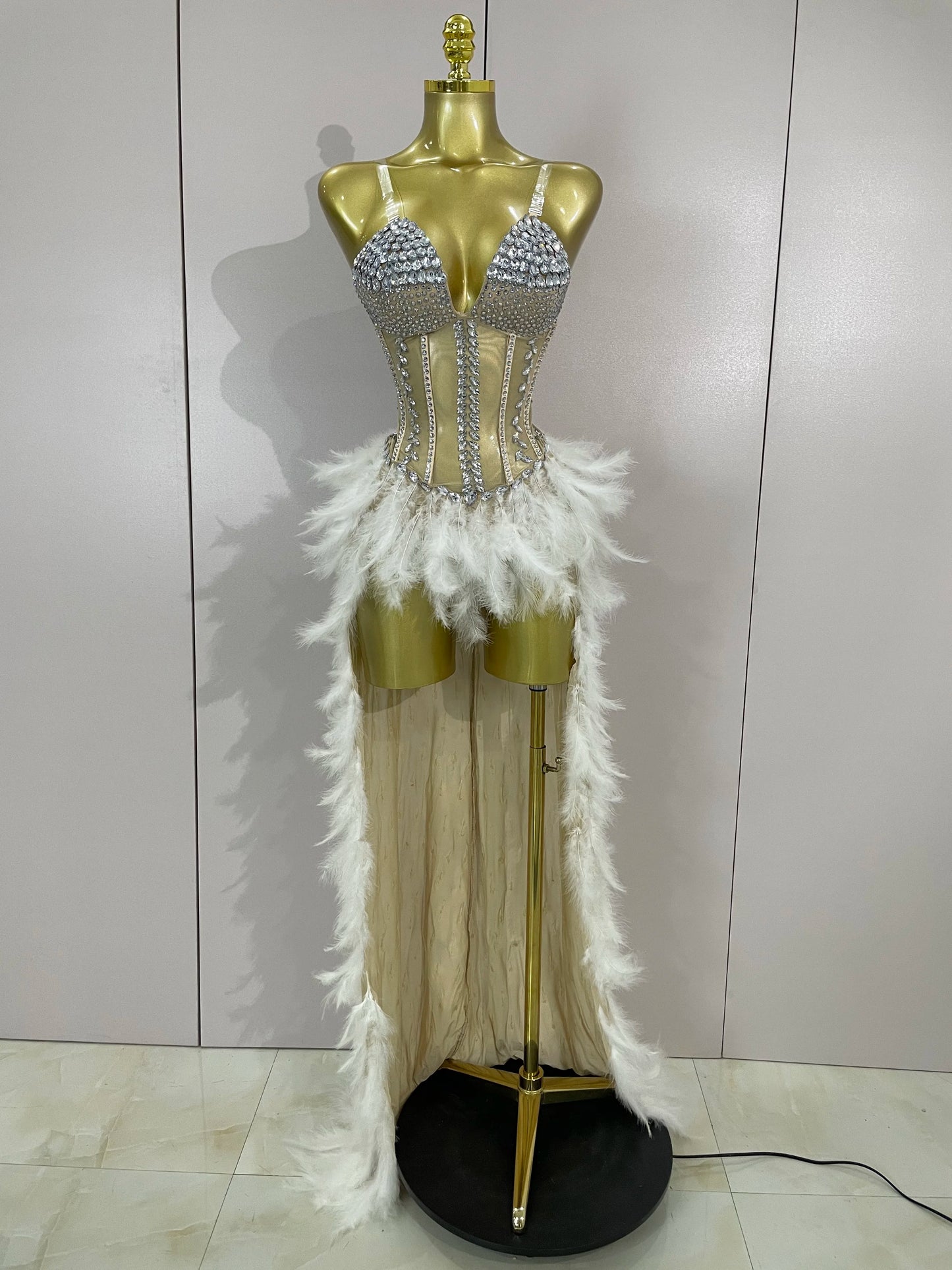 Luxury Sparkly Rhinestones Feathers Long Tail Dress Sexy Mesh Transparent Stage Bodysuit Evening Party Celebrate Birthday Dress