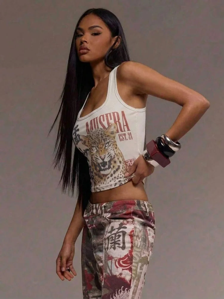 Women Pattern Printing Chinese Character Sleeveless U-Neck Fitted Crop Cami Top Summer Sexy Y2k Rock Streetwear Daily Tank Top