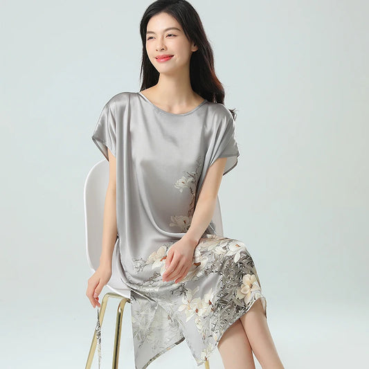 19MM 100% Mulberry Silk Dress Pajamas Sleeping Home Dress Nightwear Women's Loose Plus Size Short Sleeve Summer 40-80kg