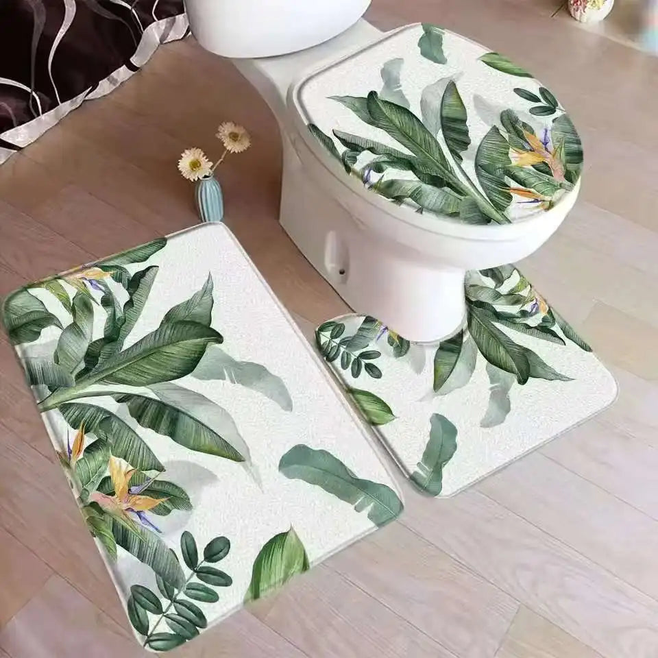 VIKAMA Tropical Leaves Bath Mat Set Palm Leaf Monstera Green Plants Home Carpet Flannel Bathroom Floor Rugs Toilet Lid Cover