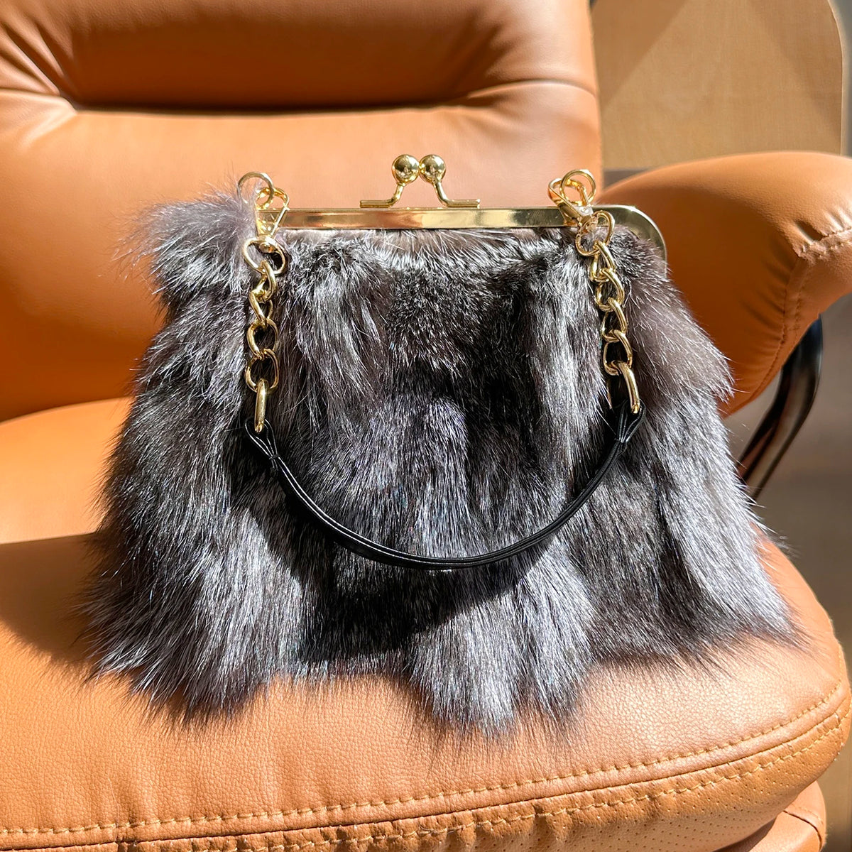 Real Fur Women Handbags Women Luxury Fox Fur Bag Fashion Female Furry Handbag Real Leather Evening Bag Natural Fur Shoulder Bag