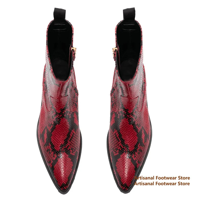 Snake Pattern Chelsea Boots Designer Side Zipper High-Top Men's Boots British Style Trendy Handmade Height Increased Men Boots