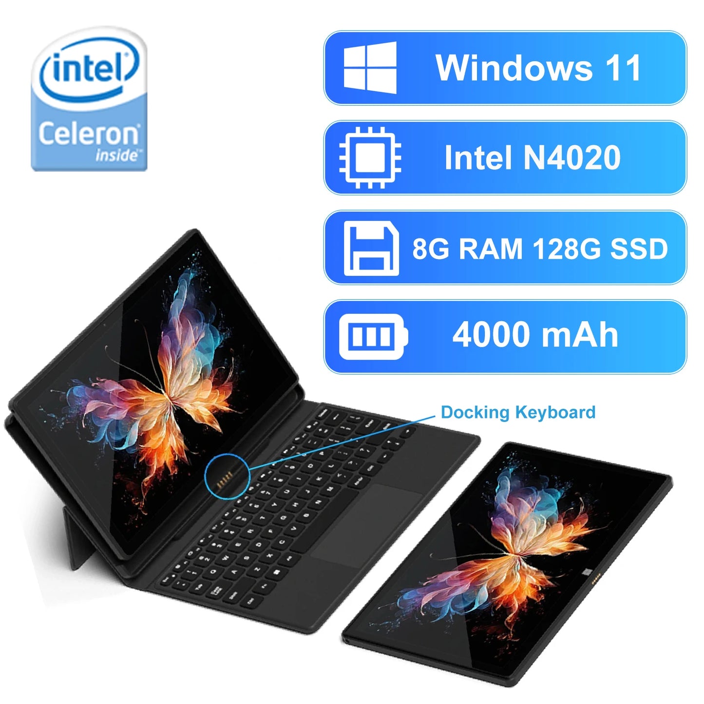 Adreamer 2-in-1 Laptop 10.1 Inch Portable Tablet PC 1280x800 IPS Win 11 OS Intel N4120 8GB & 128GB For Student Daily Business