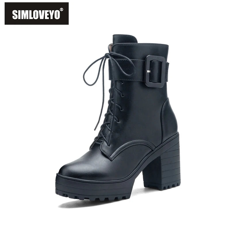 SIMLOVEYO Mortorcycle Ankle Boots Buckles Round Toe 9cm Block Heel Lace Up White Black Big Size 42 43 US12 Fashion