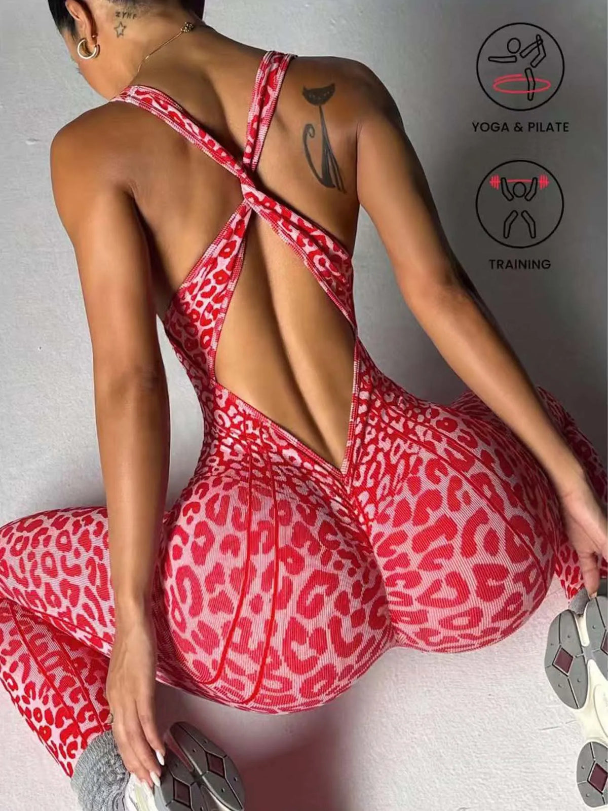 Women Seamless Leopard Print Cross Back Jumpsuit Butt Lifting Yoga Bodysuit High Elastic Workout Fitness Athletic Catsuit