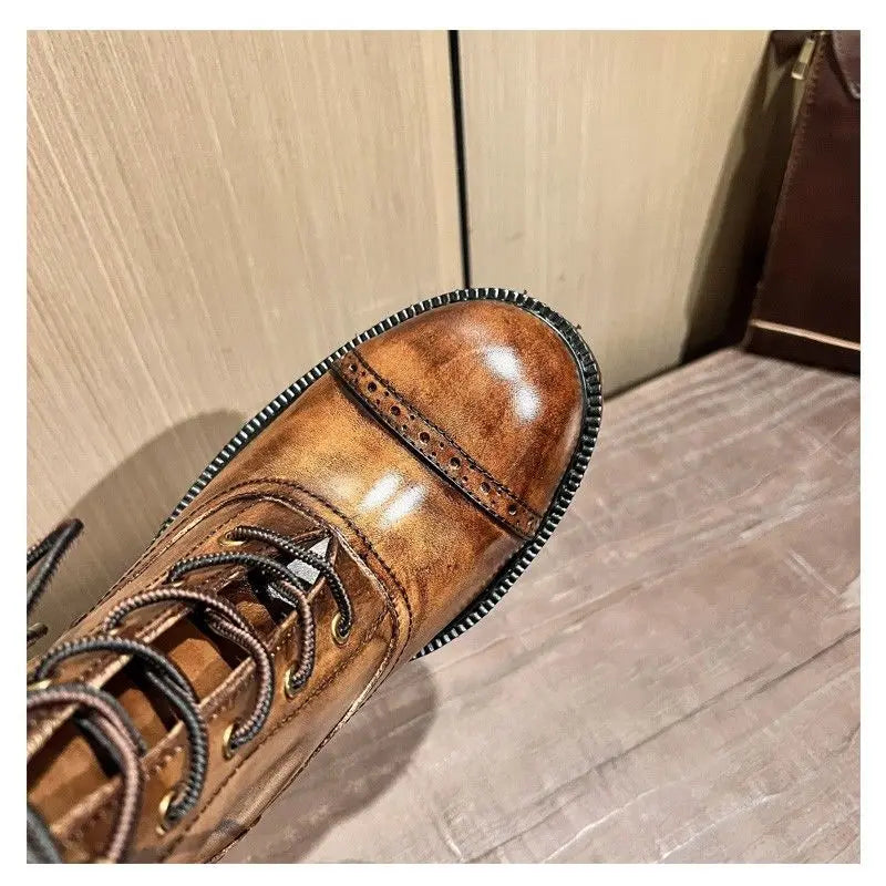 Fashion Cow Genuine Leather Motorcycle Boots Brogue Shoes Retro High Big Head Men's Mid-calf Chelsea Boots For Men Brown