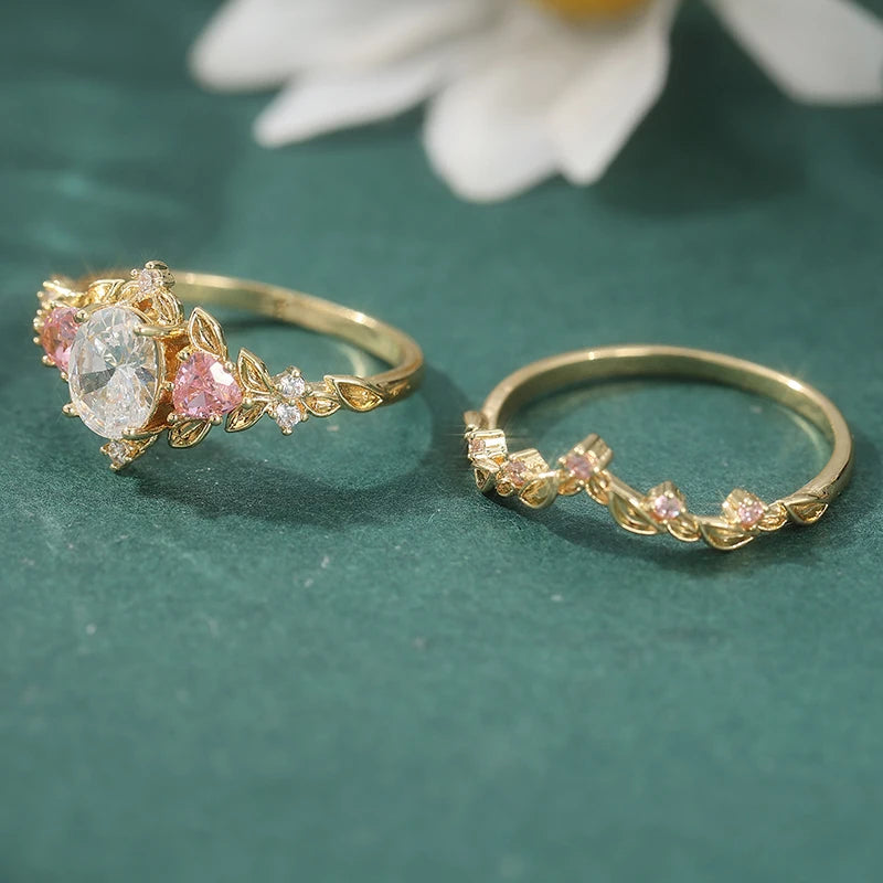 2 Pcs/set Retro Elegant Pink Synthetic Zircon Ring, Ladies' Engagement Proposal Gift, Jewelry