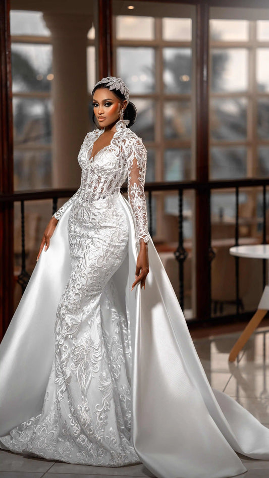 African Mermaid Wedding Dress With Detachable Train V Neck Long Sleeve Appliques Lace Bridal Gowns Plus Size Black Customized