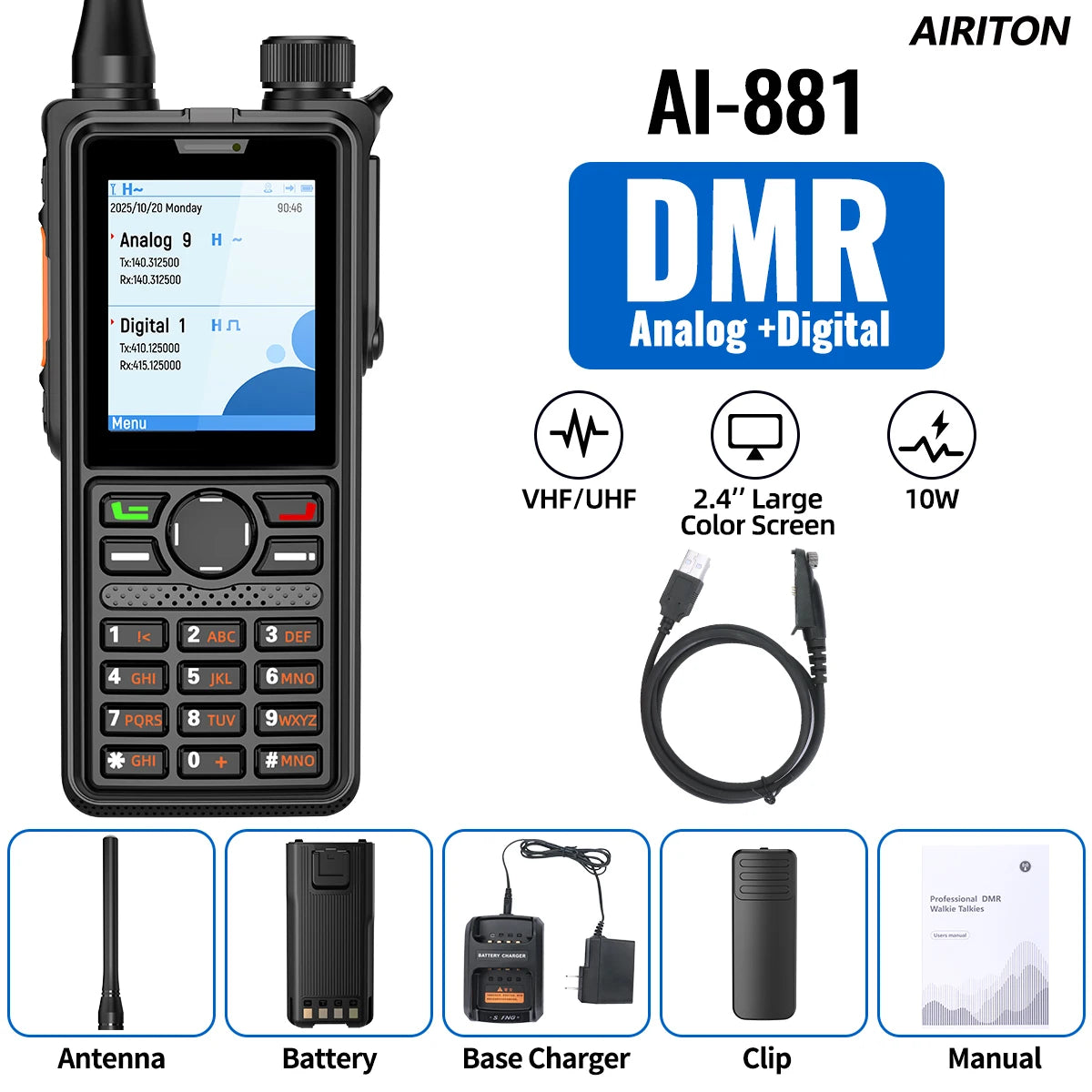 AIRITON AI-881 DMR Walkie Talkie IP67 Waterproof 10W High Power Dual Time Slot Large Color Screen New AR-880 VOX Two Way Radio