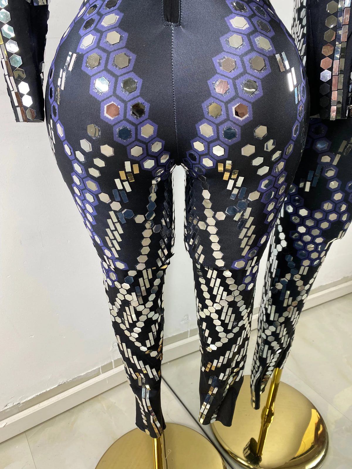 Women Sexy Spandex Tight Jumpsuit Long Sleeve Mirrors Cosplay Costume Nightclub Dancer Outfit Performance Stage Wear