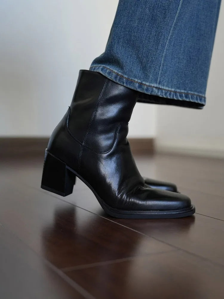 Elegant Office Ladies Chunky Heels Genuine Leather Short Boots Square Toe New Designer Shoes Women Vintage Cowhide Ankle Boots