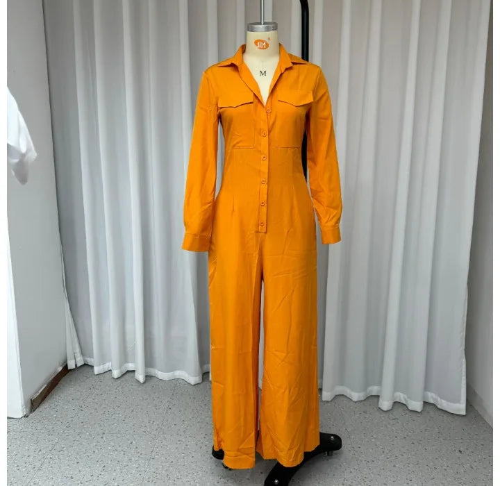 Jumpsuit Women 2024 Autumn Commuting Fashion Turn-Down Collar Long Sleeve Pocket Design Casual Jumpsuits New Female One Pieces