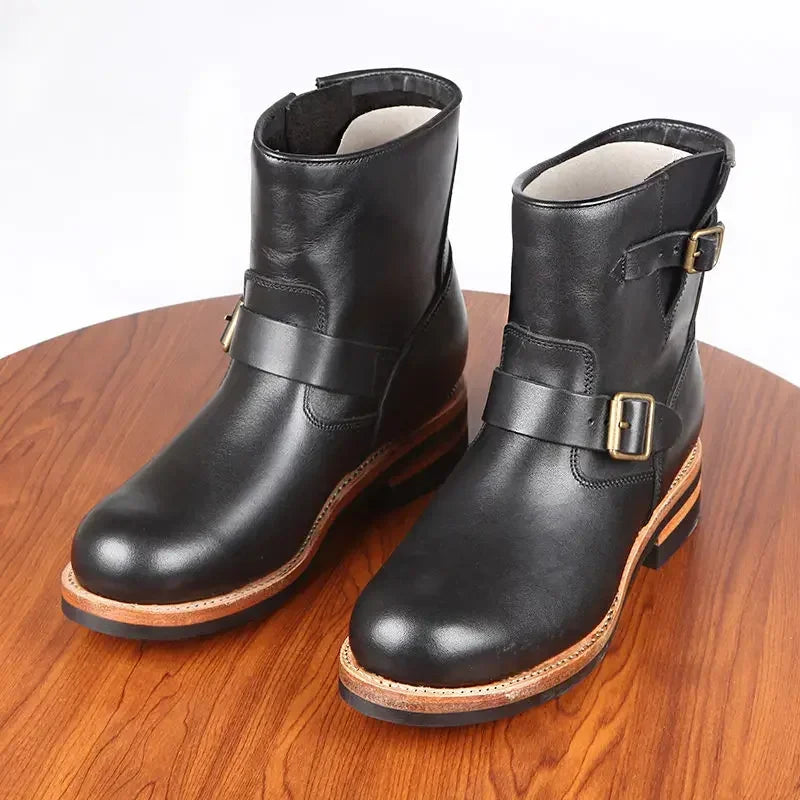 Goodyear-Welted Hand-lined Thickened Leather Engineer Boots American Vintage Mid-barrel Motorcycle Rider Leather Boots Autumn