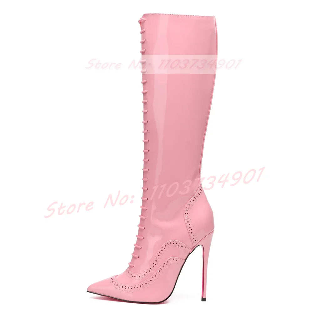 Pink Sole Zipper Knee Length Boots Women Sexy Nightclub Lace Up Pointy Toe High Heels Boots Lady Party Nifty Punk Fashion Shoes