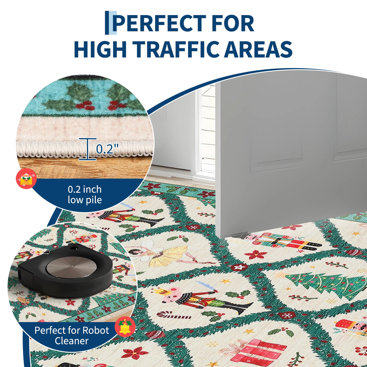 Christmas Nutcracker Area Rug Machine Washable Low Pile Non-slip Carpet for Bedroom Living Room