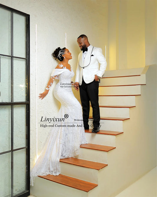 Shiny Diamond Mermaid Wedding Dresses With Appliques Lace Bridal Vestido De Novia Customized Off Shoulder African Bride Gowns