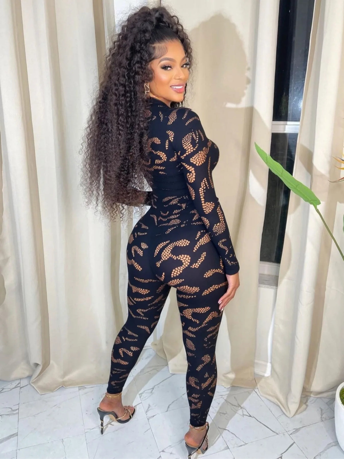 FAGADOER Sexy Lace See Through Patchwork Bodycon Jumpsuits for Woman Hollow-out Long Sleeves Rompers Female Streetwear Overalls