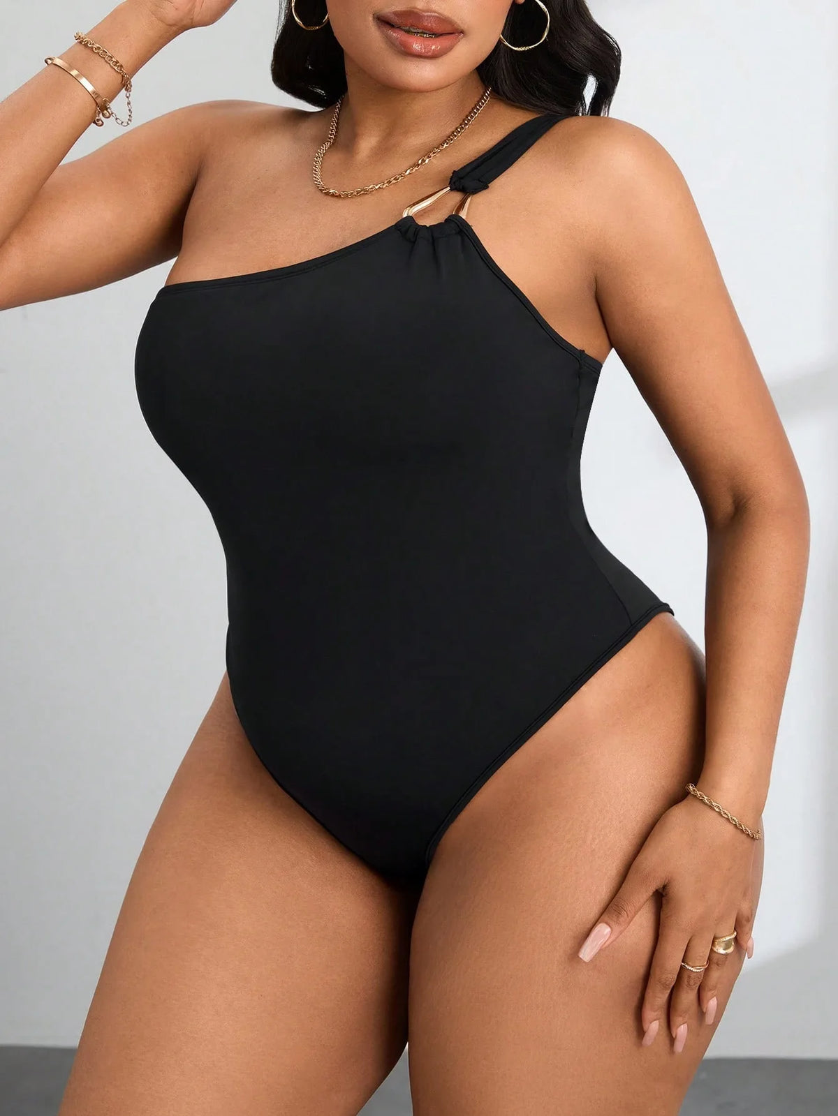 Plus-Size Women's Jumpsuit Sexy One-Shoulder Gold Ring Detail Solid Color Waist-Defining Pants Slimming Shaping One-Piece