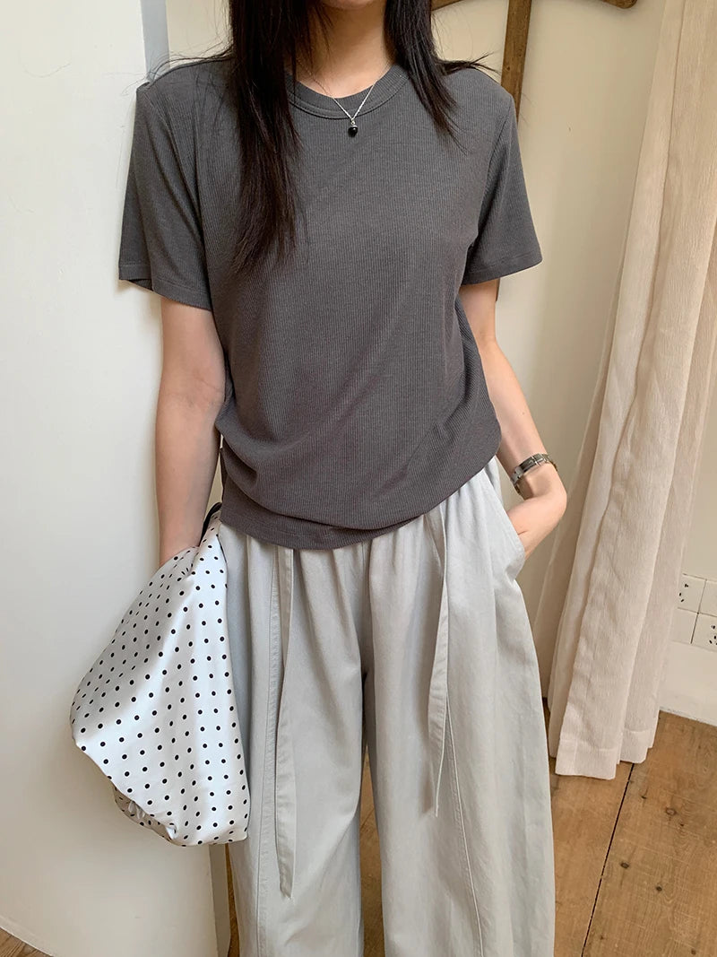 RZIV Summer women's casual solid color round neck short sleeved T-shirt