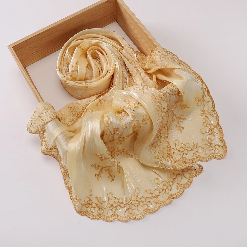 Luxury Sequin Floral Hijab Shimmer Shawl Glitter Shiny Headscarf Elegant Muslim Head Scarf for Wedding Soft Flowy Lace Edge