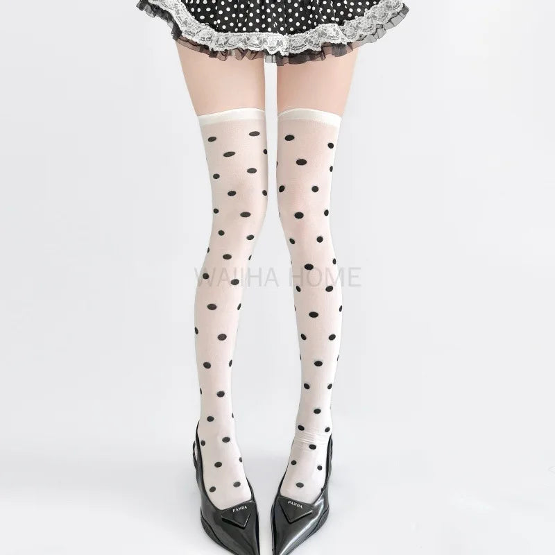 Lace Trim High Waist Polka Dot Sexy Long Tube Socks Over Knee Length Nylon Breathable Versatile Solid Color Long Tube Stockings