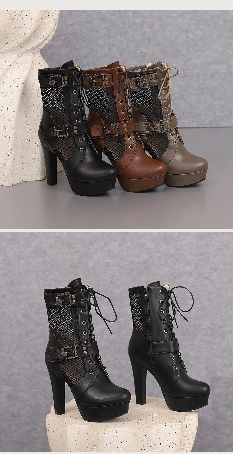 Plus Size Hollowed Out Mesh Patchwork PU Cross Tie Side Zipper Summer Cool Mid-Calf Boots Platform Ultra-High Thick Heel Boots