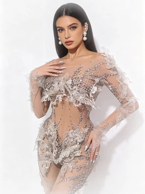 Sexy Sparkly Diamond Sequins Long Sleeves Mesh Sheer Stretch Jumpsuit Women Evening Birthday Party Bar Nightclub Stage Show Wear