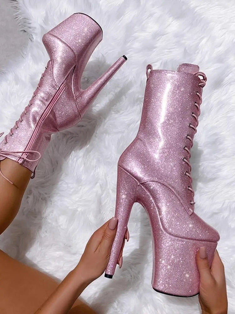 20CM/8Inch Bling Pole Dance Boots Woman Glossy Patent leather Red lace-up Nightclub Shoes Extreme high heel Platform Short Boots
