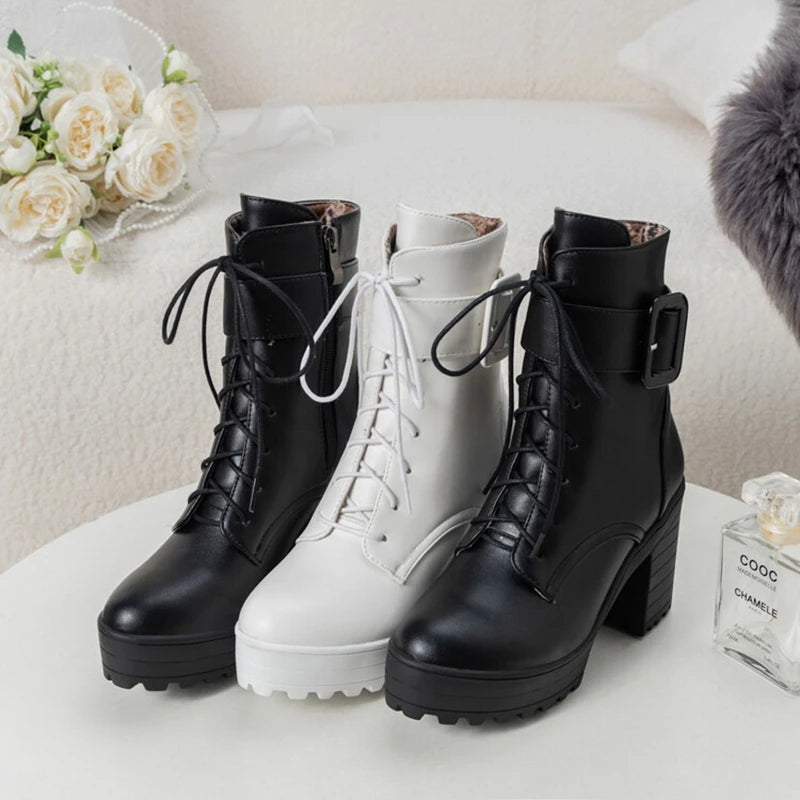 SIMLOVEYO Mortorcycle Ankle Boots Buckles Round Toe 9cm Block Heel Lace Up White Black Big Size 42 43 US12 Fashion