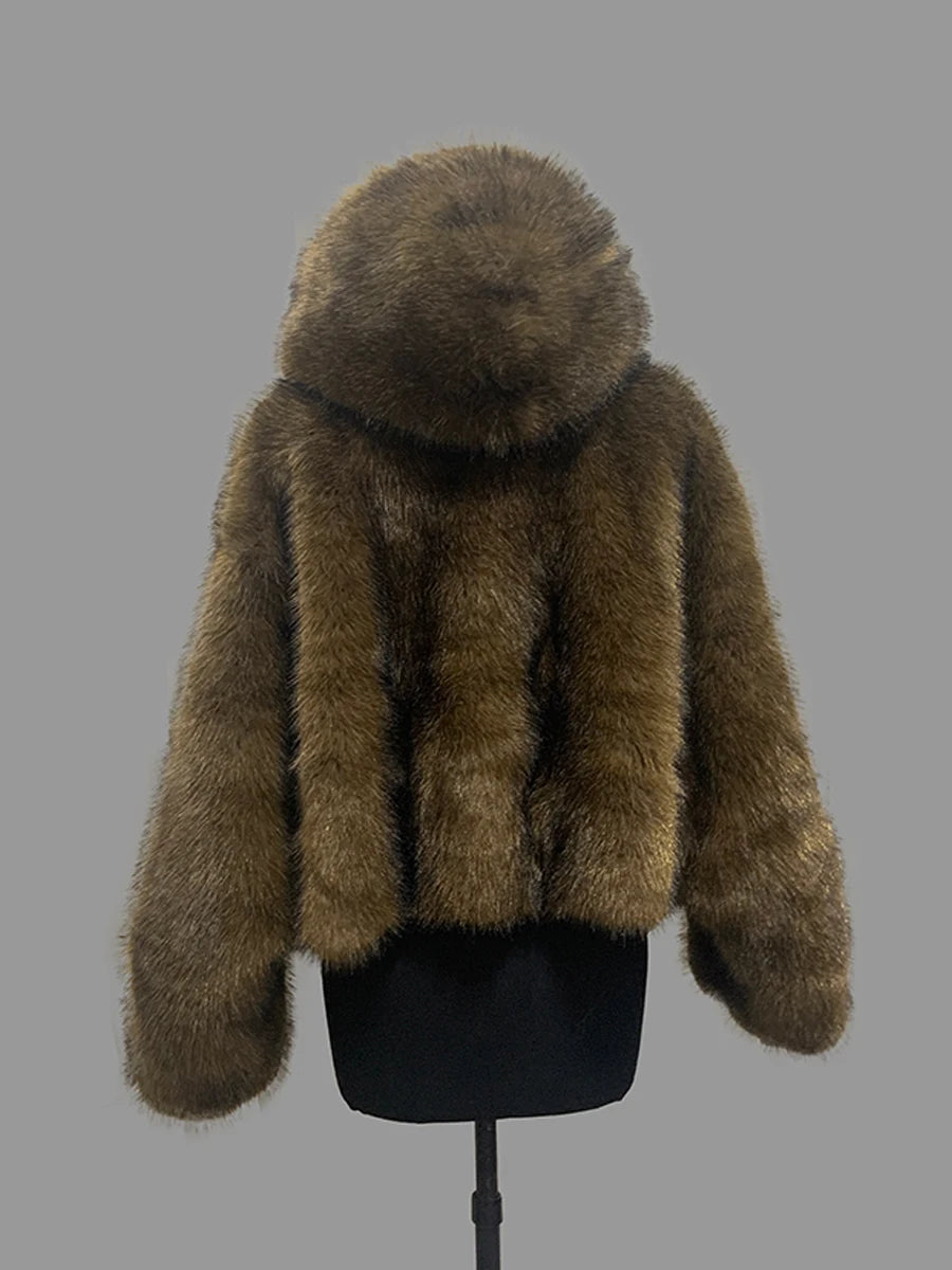 Nerazzurri Winter Short Oversized Thick Warm Shaggy Fuzzy Faux Fox Fur Coat Women Pockets Single Breasted Fluffy Hooded Jacket