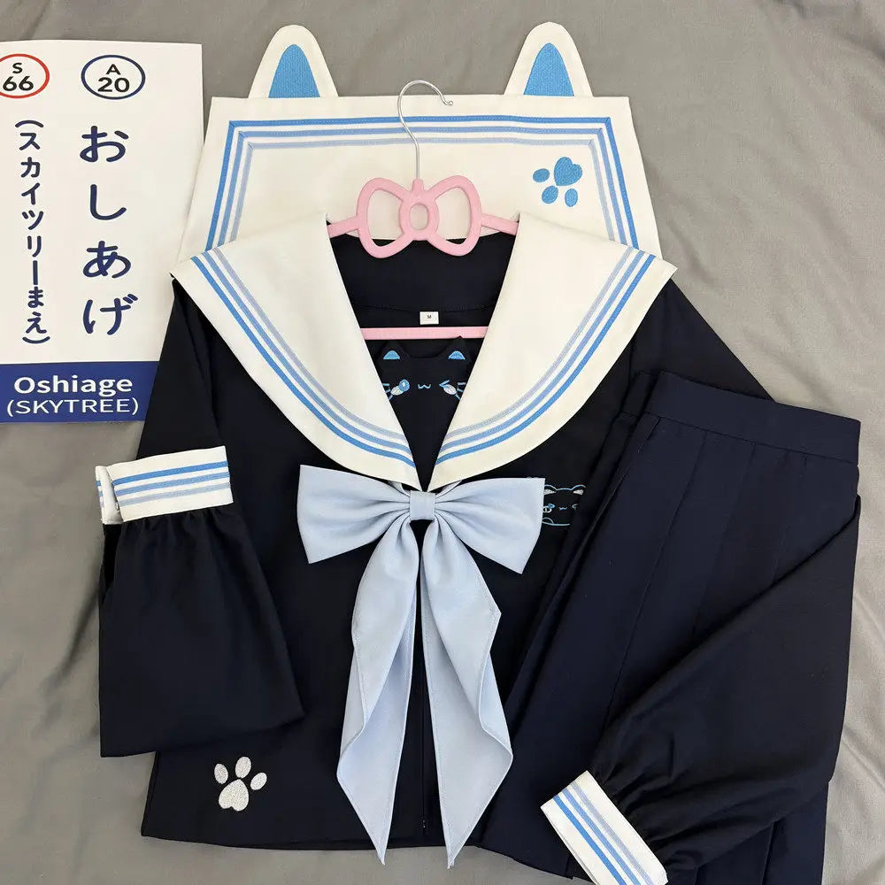 Japanese High School JK Uniform Set Navy Blue Seifuku Summer Sailor Suit Long Sleeves Student Girl Sailor Outfit Korean Women