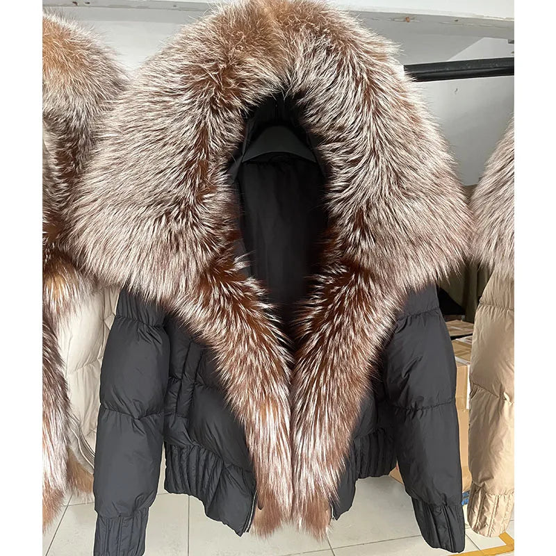 MMK 2023 Winter Women Warm White Duck Down Jacket Natural Real Fox Fur Collar Hood Puffer Coat Thick Luxury Outerwear
