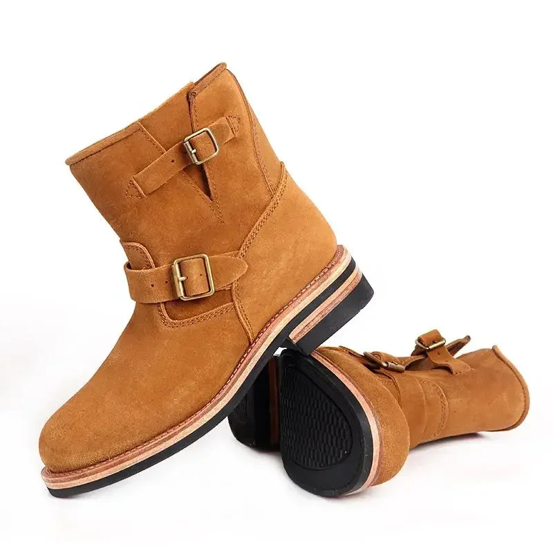 Hand-lined Anti-fur Leather Engineer Boots American Vintage Mid-barrel Motorcycle Desert Boots Knight Boots