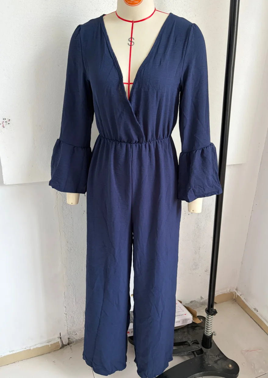 Women Sexy Deep V Neck Flare Sleeve Jumpsuits Spring Autumn Solid Crinkle High Waist Loose Casual Holiday Wide Leg Pants Romper