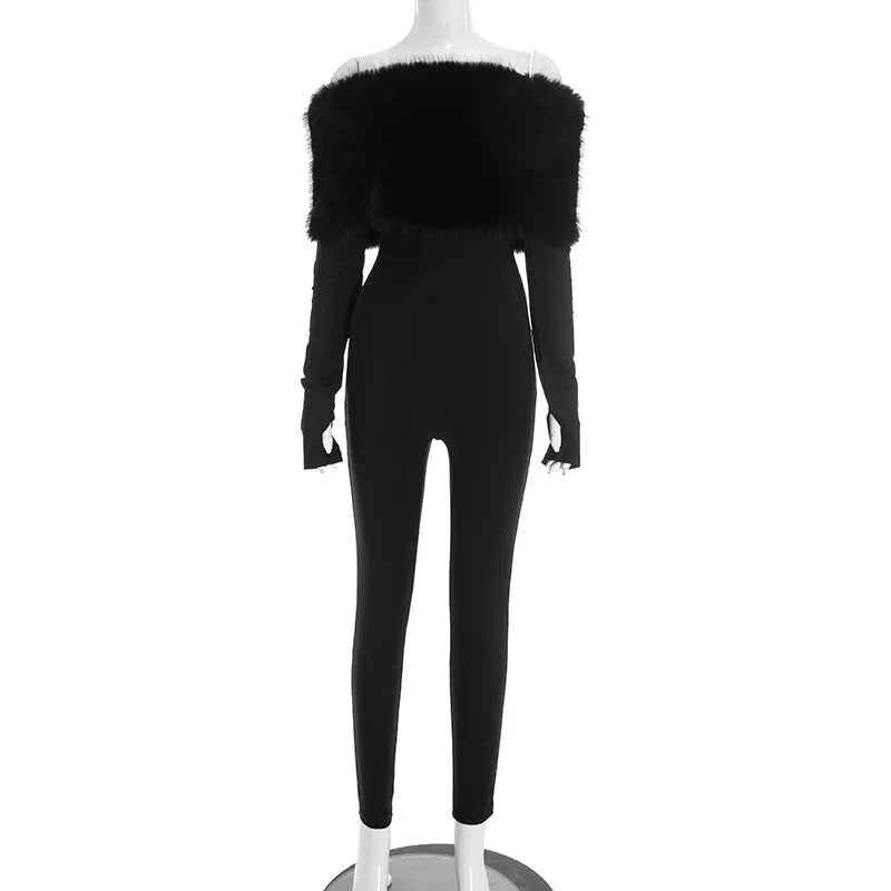 Autumn Winter Furry Long Sleeve Tight Jumpsuit Bodysuits Shapewear Fashion Slim Onesie One Piece Jumpsuits Women's Sexy Trousers