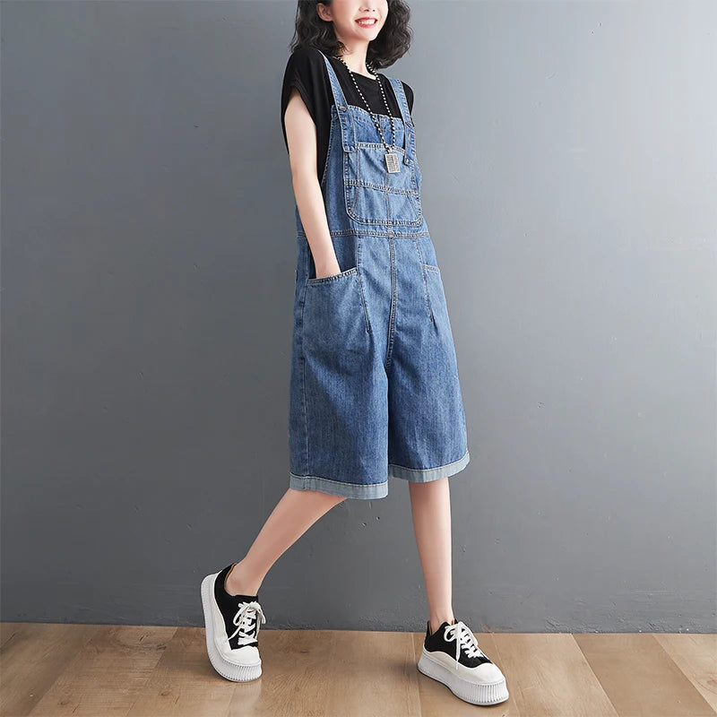 Spring Summer Jean Short Jumpsuits Women Casual Streetwear Loose Wide Leg Shorts Denim Overalls Straps Rompers Cargo Baggy Pants