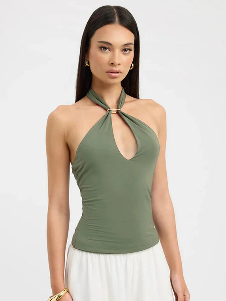 Women'S Solid Color Hanging Neck Tie Hollow Out Metal Ring Strapless Backless Tank Top Summer New Fashion Street Tank