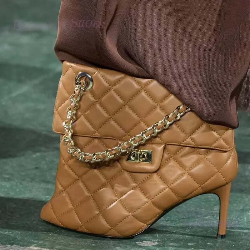 Red Handbag Chain Boots Pointed Toe Women Brown Leather Plaid Metal Buckle Heels Ankle Calf Booties Girl White Stiletto Shoes