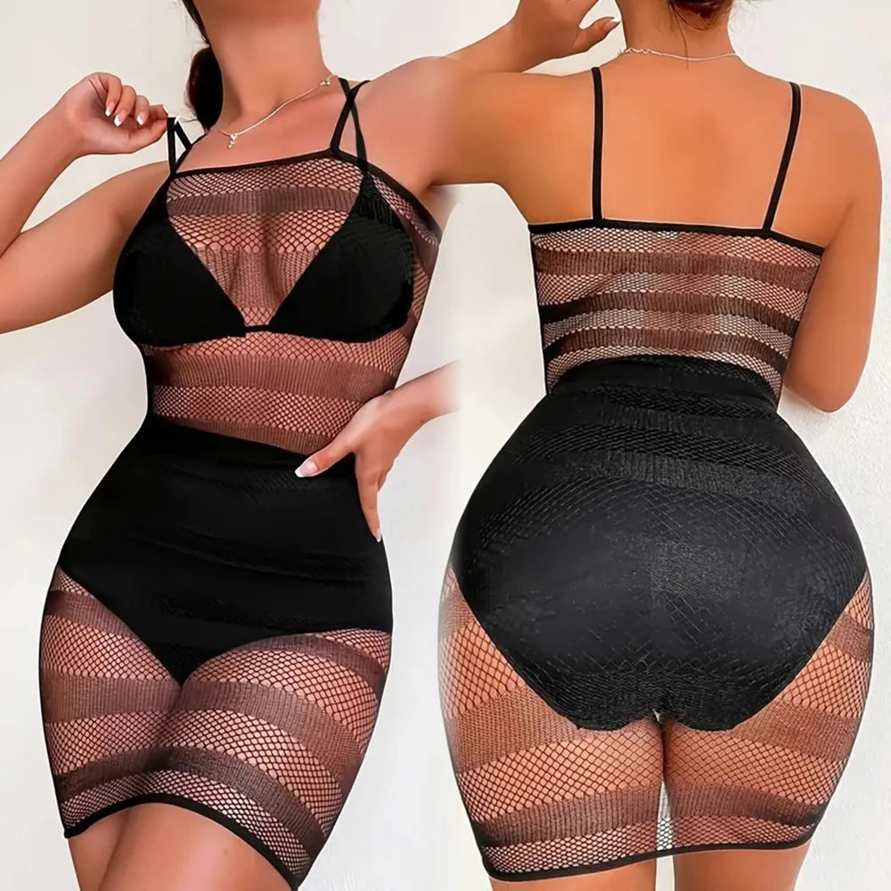 One-piece Fishing Net Bodycon Dress Sleeveless Women's Mesh Skirt Sexy Hollow Out See Through Nightwear Night Club Erotic Wear