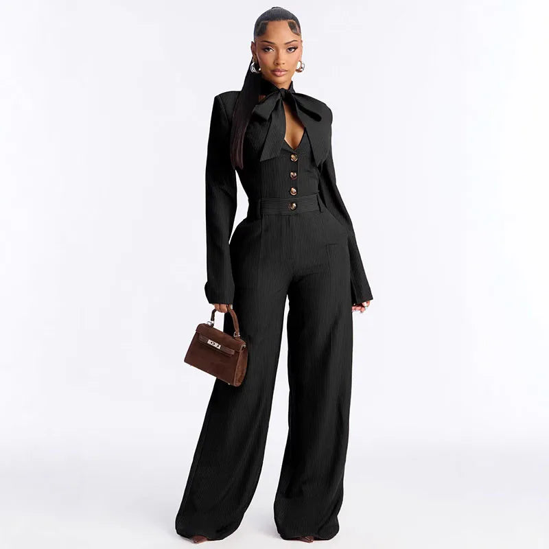 Elegant Office Lady Solid Jumpsuit Women Long Sleeve Lace-up Bow Button Ribbed High Waist Party One Piece Rompers and Jumpsuits