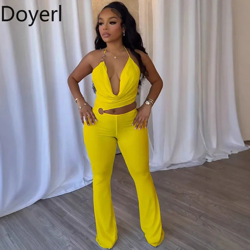 Doyerl Halter V-neck Backless One Piece Jumpsuit Women Sexy Hollow Out Sleeveless Night Club Outfits Birthday Rompers Overalls