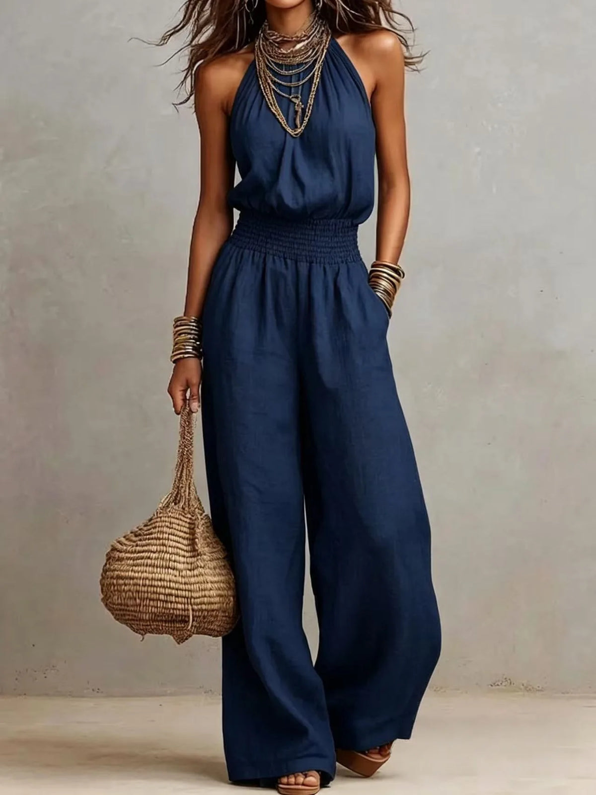 Women's Halter Neck Smocked Linen Blend Jumpsuit Waist Wide Leg Long Romper Casual Sleeveless Summer Beach Vacation Jumpsuits